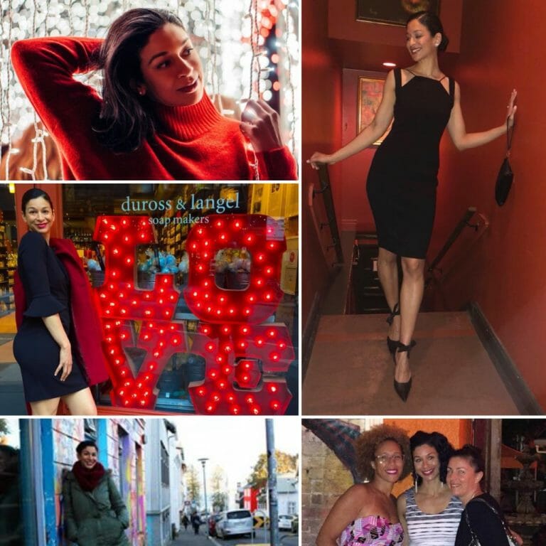 A black woman in a red sweater, a woman in front of a store's LOVE sign, a woman on a staircase, and three friends.