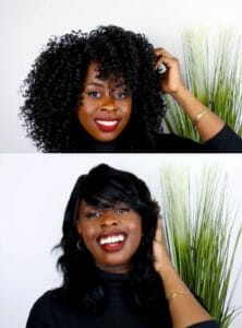 A smiling African-American woman first wearing a black curly hair wig and then a black straight hair wig.