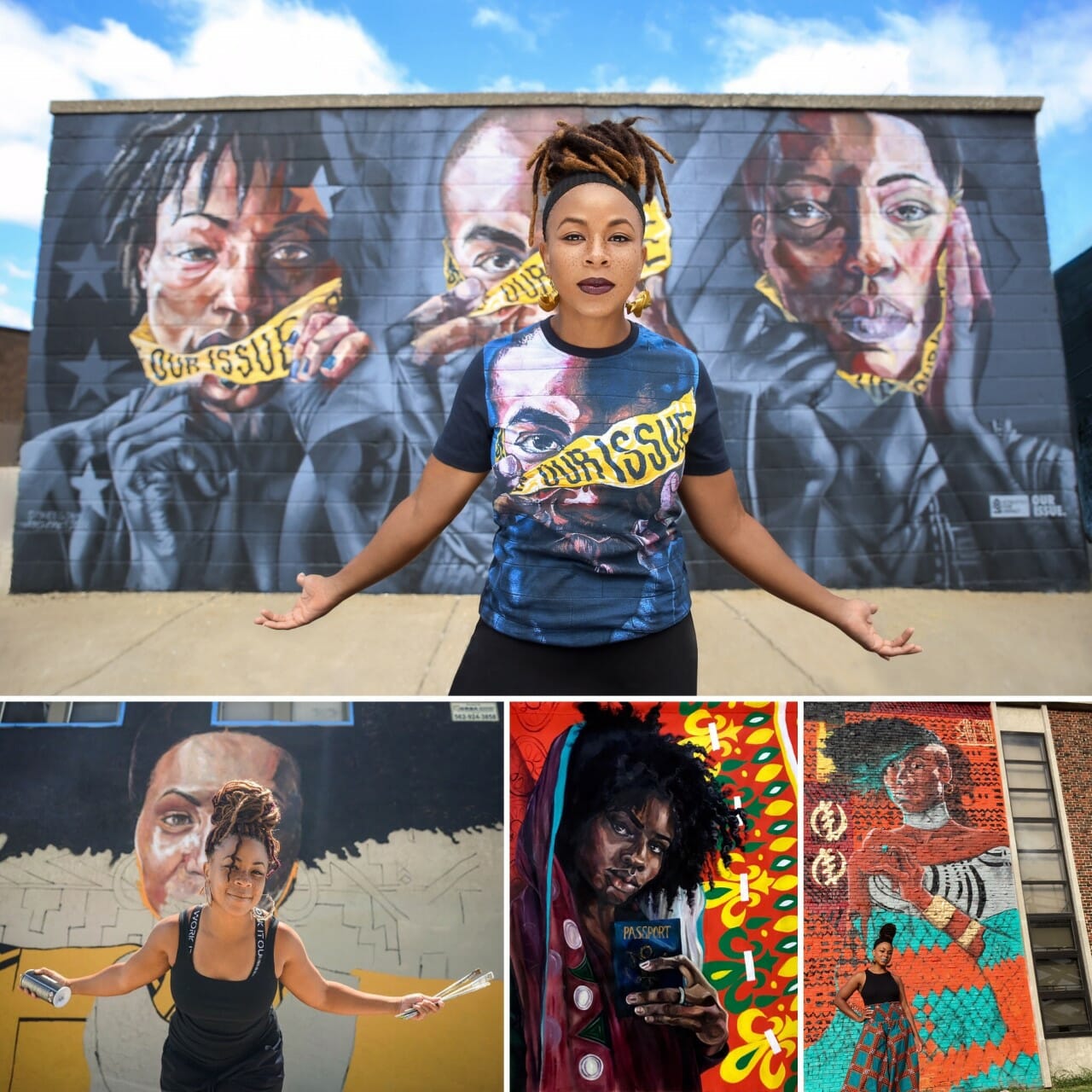 A black woman in an 'Our Issue' T-shirt in front of a mural, and in front of another mural with a paint can and brushes.