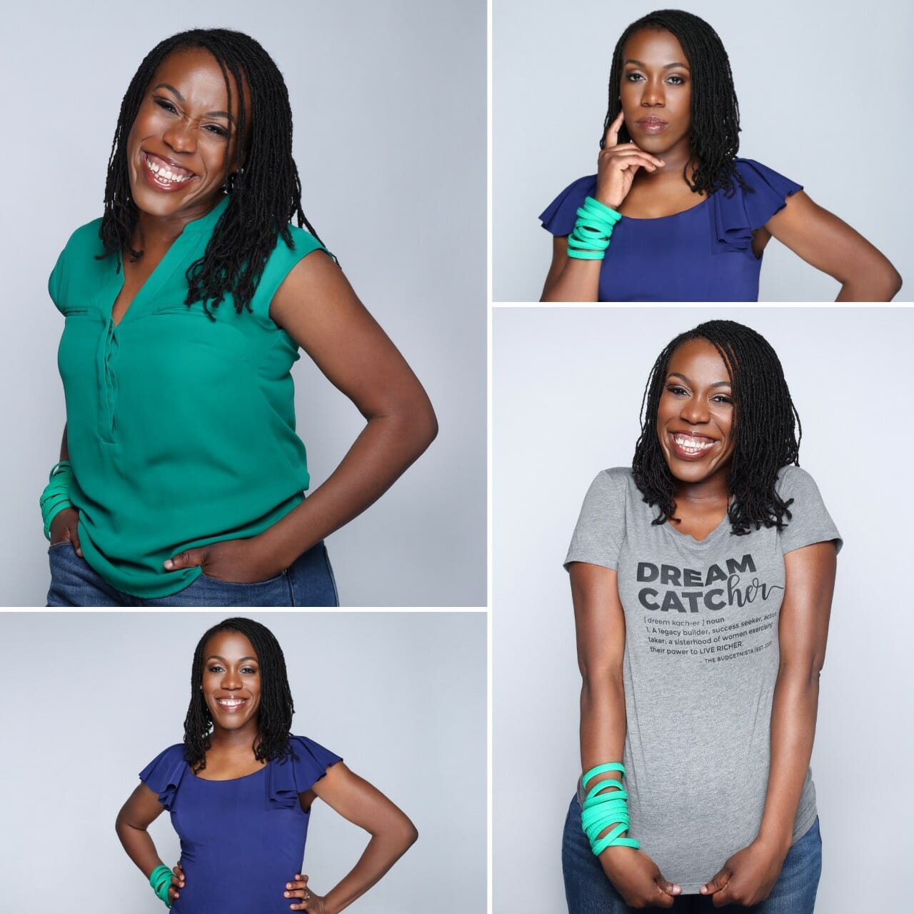 A smiling African-American woman in a green blouse, in a blue blouse, and in a grey 'Dream Catcher' T-shirt.