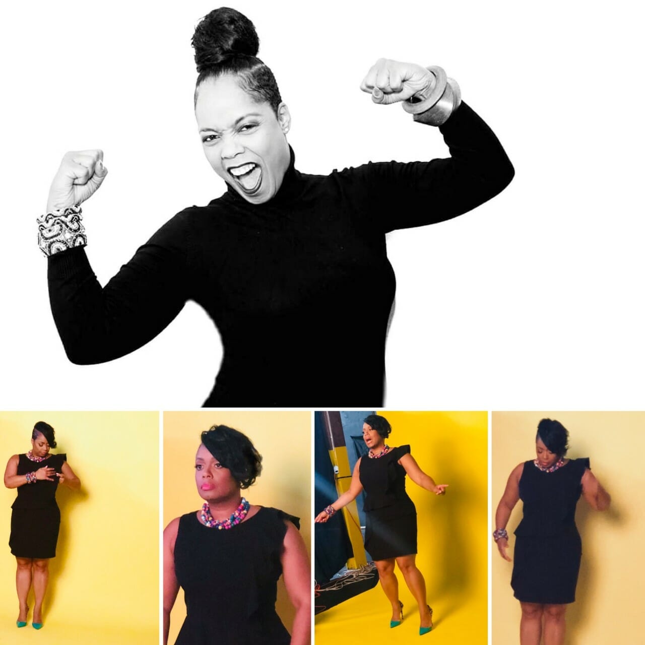 A black woman with a high bun in a black turtleneck top, flexing arms, and in a black sleeveless dress.