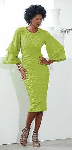 An African-American woman in a lime green dress with tiered bell sleeves.
