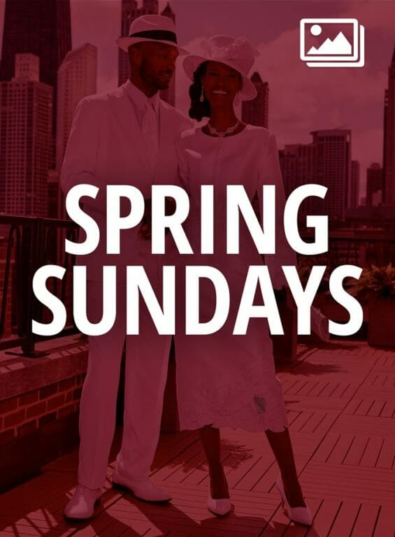 Spring Sundays, a burgundy background of a black couple in white dressy clothes.