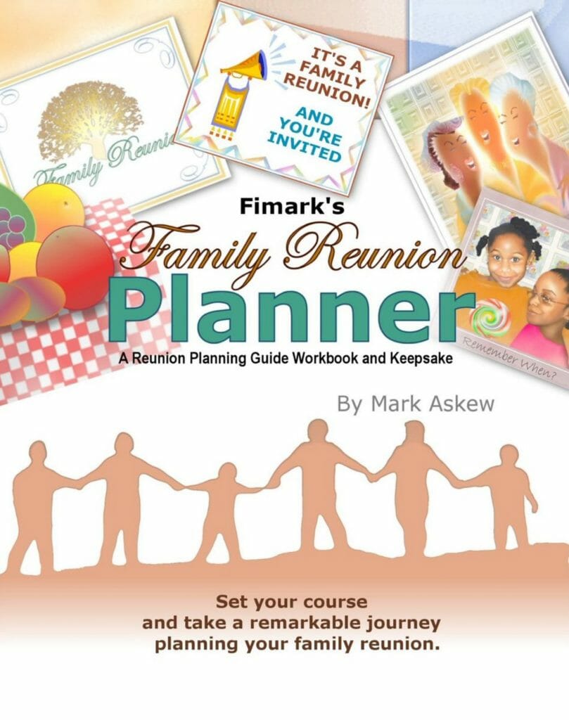 Fimark's Family Reunion Planner, with a silhouette of people holding hands, and different invitation ideas.