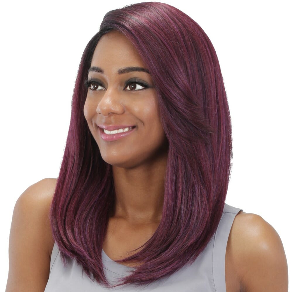 An African-American woman in a lavender top and a long, straight, side-parted burgundy wig by Vivica Fox.