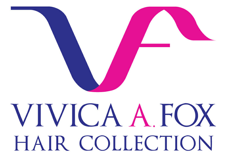 Vivica A Fox Hair Collection logs in navy and pink.