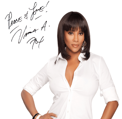 The designer Vivica Fox, a black woman wearing a white fitted shirt and smooth, shoulder-length hair with bangs.