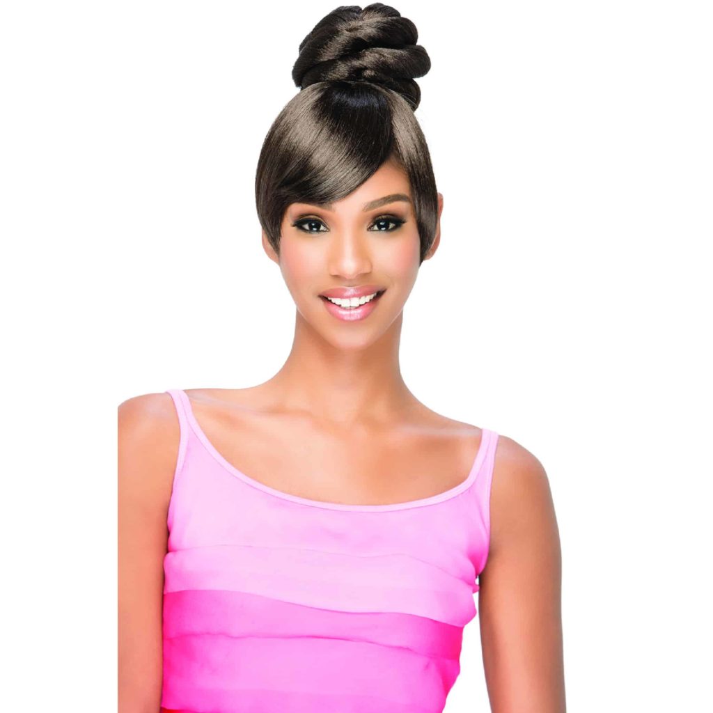 A smiling black woman wearing a pink top and a smooth Vivica Fox wig with bangs and a high wrapped bun.