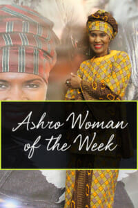 Ashro Woman of the Week, Wajeedah, an African-American woman wearing a yellow print headwrap and matching outfit.