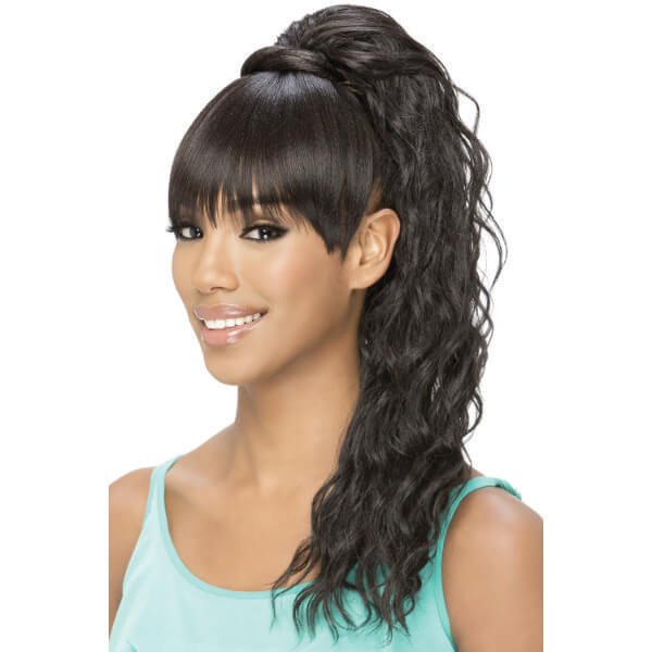 A smiling African-American woman wearing a summery mint green dress and a long, wavy black ponytail and bangs.