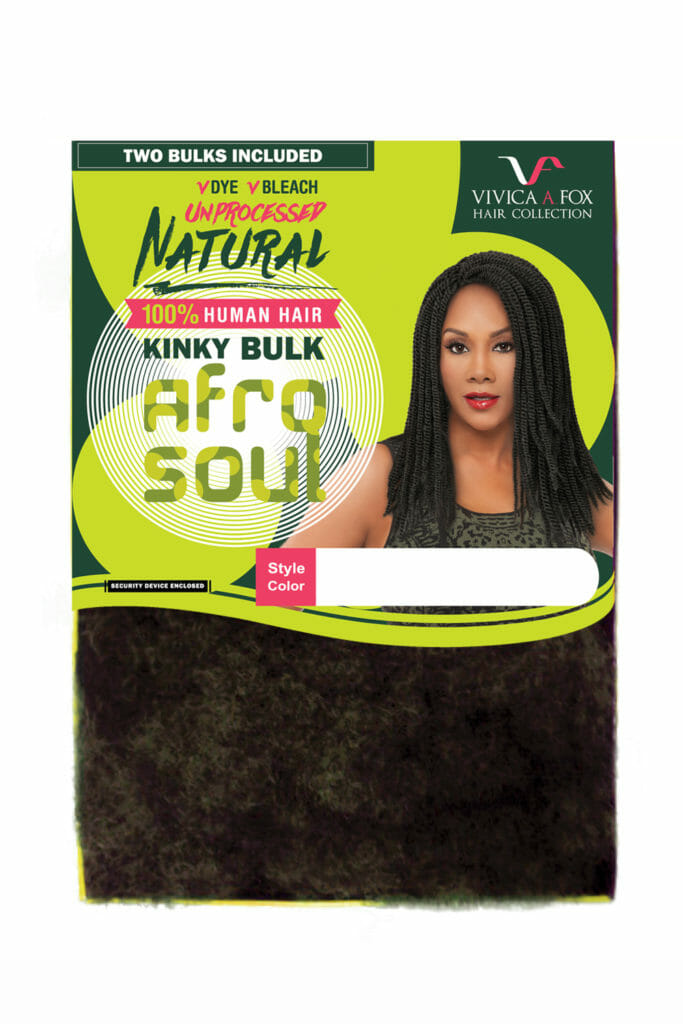 A green and black printed Afra Soul box of bulk kinky human hair.