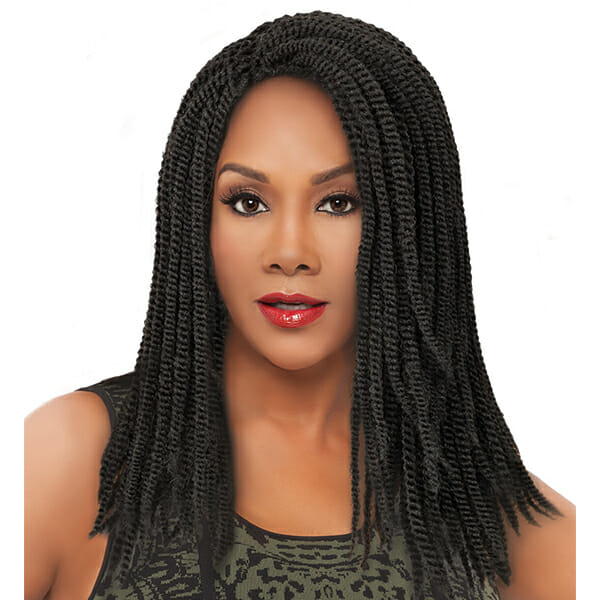 An African-American woman wearing a short, off-black straight Vivica Fox wig with braids and a floral patterned tank top.