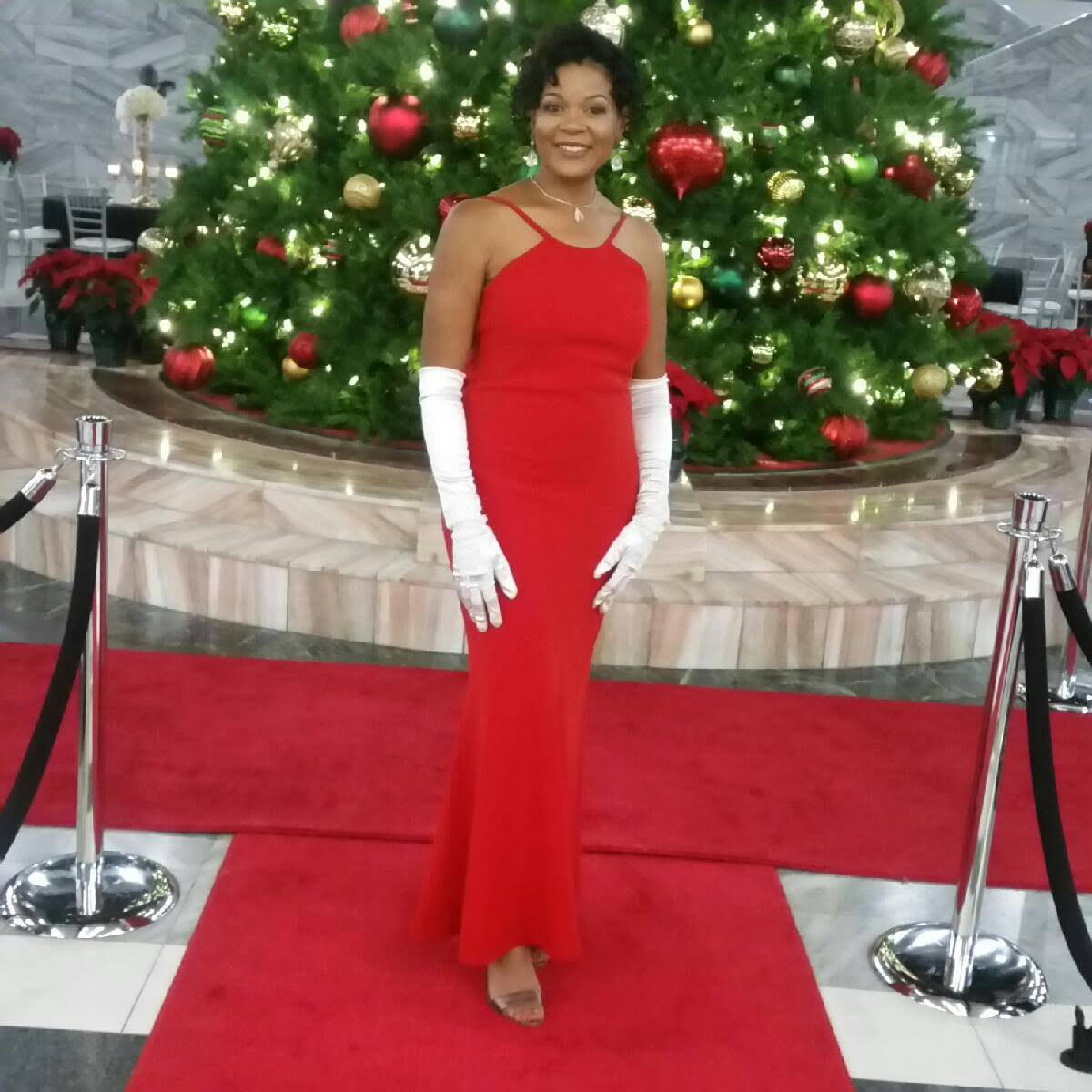 black woman in a red dress