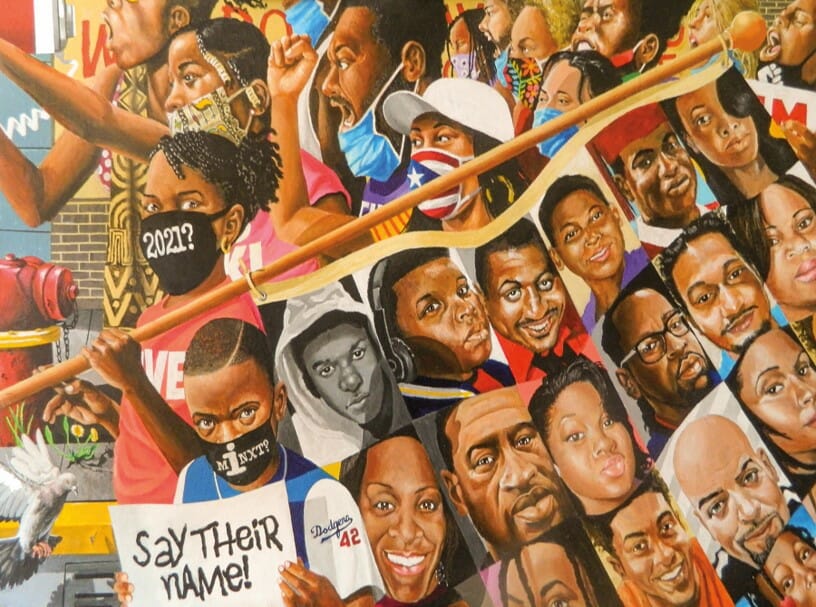 A painting depicting a protest of police brutality against Black victims
