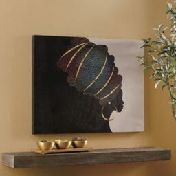 Retro Silhouette Lady Canvas on yellow wall with plant and shelf