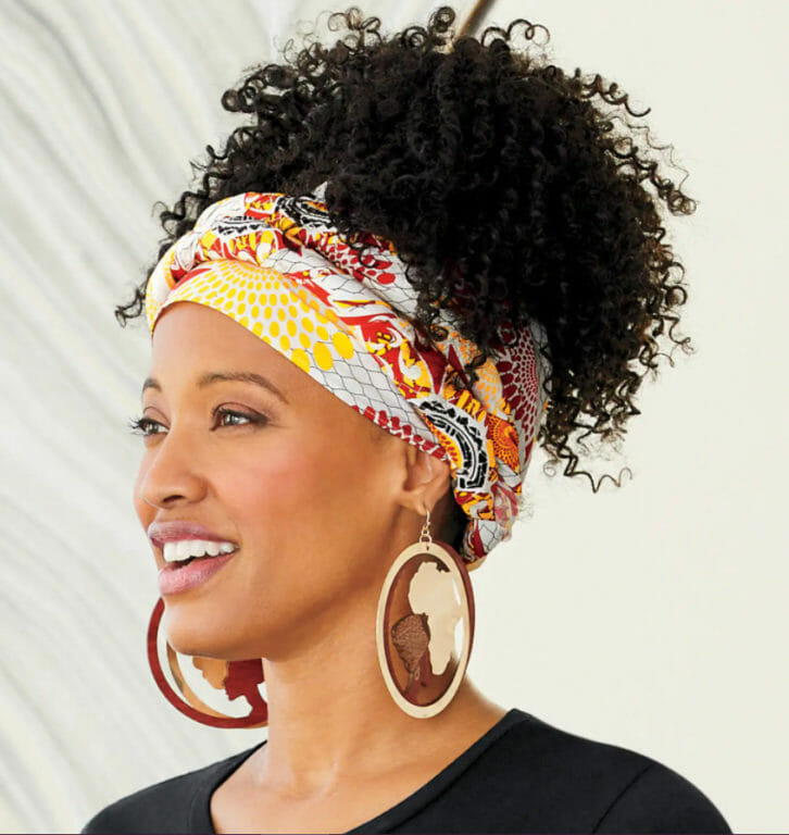 Ashro model wearing Goddess Headwrap and Africa Earrings