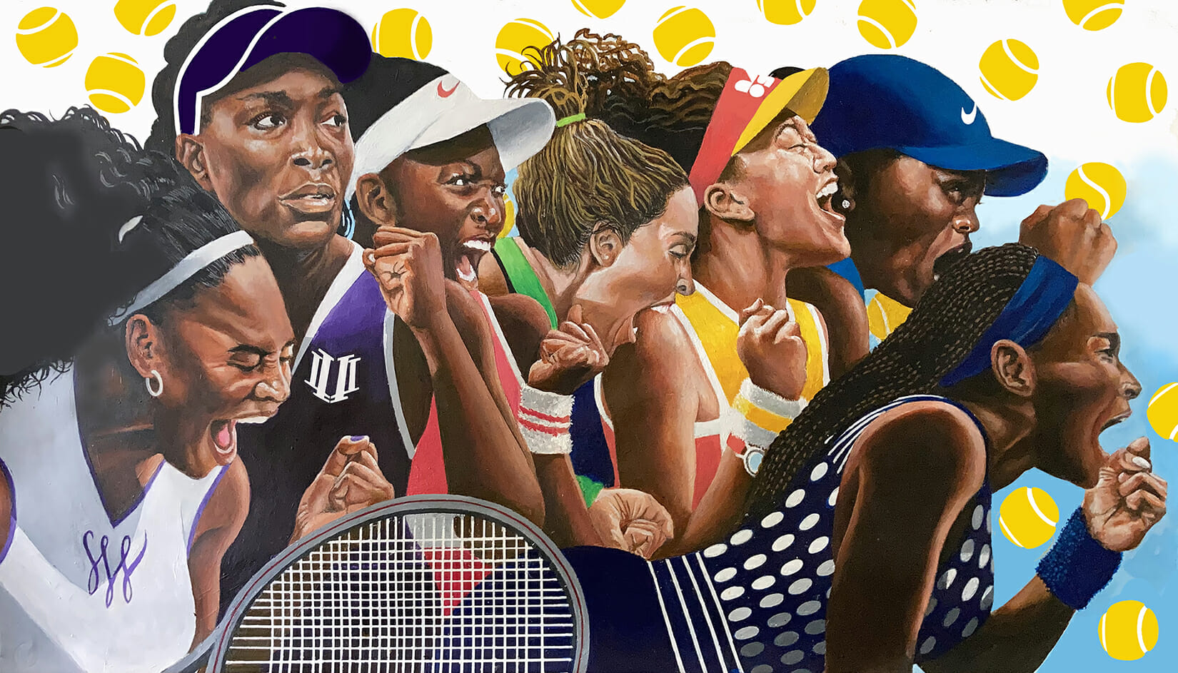 Artwork featuring 7 Black tennis players victoriously cheering after a win