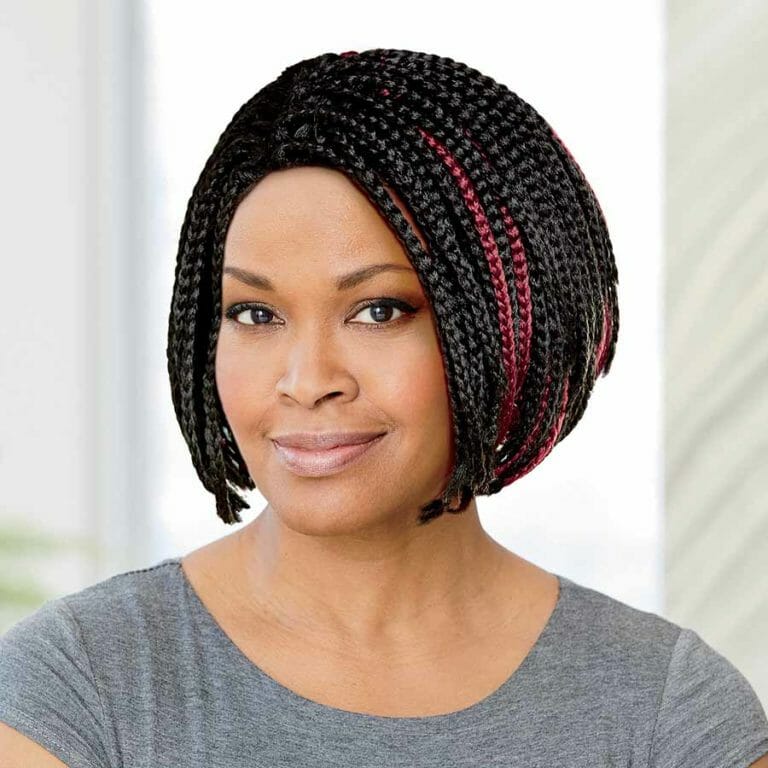 African American woman wearing the Kamara Lace-Front Braided Wig in Off Black Merlot