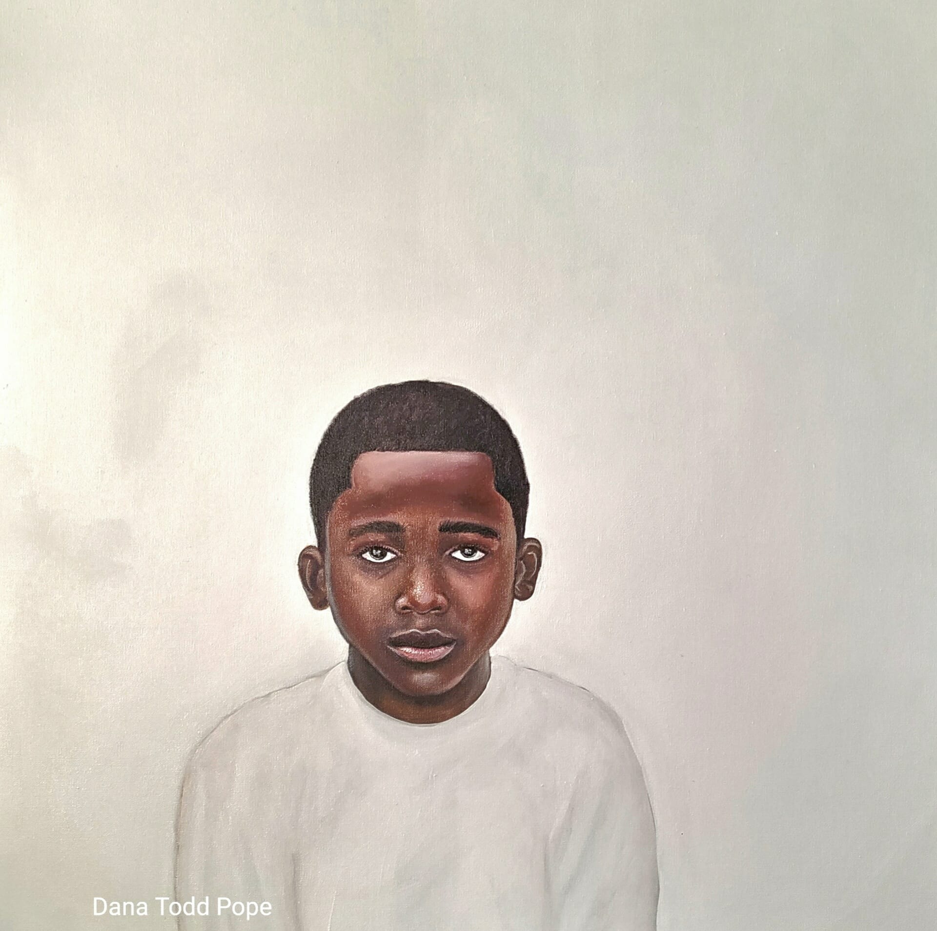 Painting of a young black boy with a white background.
