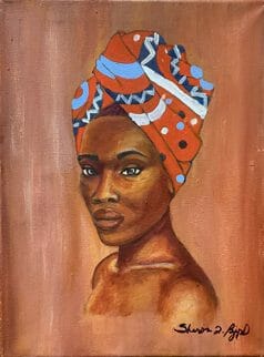 A painting featuring a Black woman wearing a headwrap