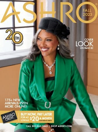 Ashro catalog cover with Black woman wearing green suit