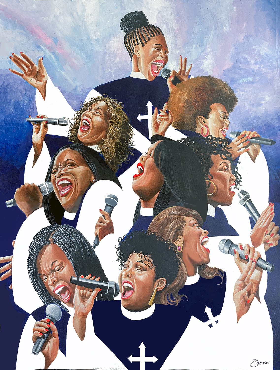 Artwork featuring Black women in church robes singing with passion