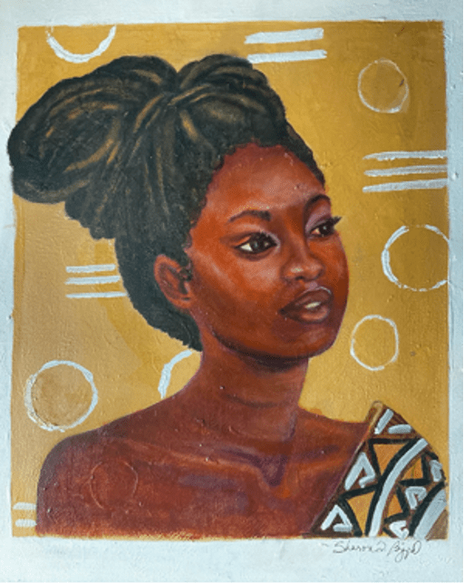 Painted artwork depicting a Black woman looking into the distance