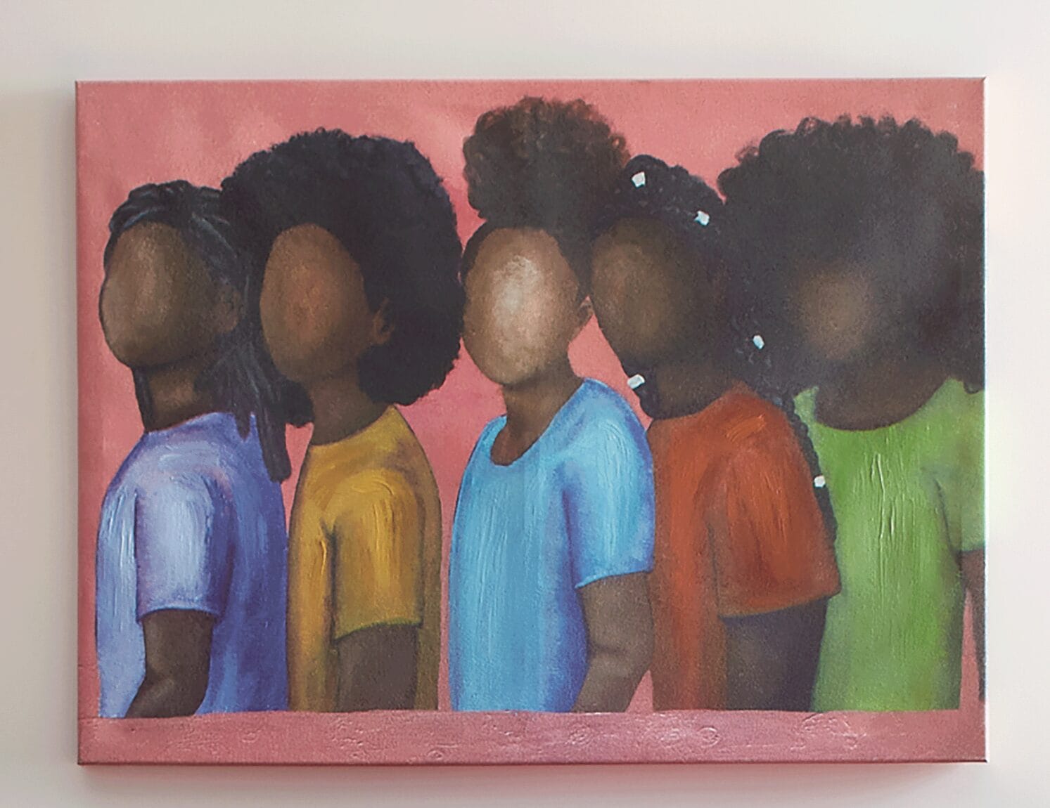 A canvas featuring five young Black girls with varied shirts and hair